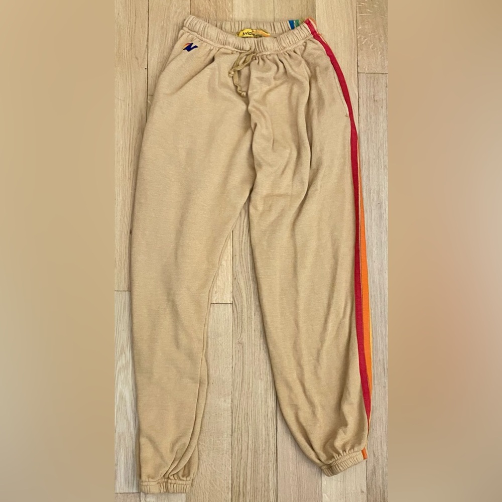 Aviator Nation Womens Large 5 Stripe Sweatpants in Sand